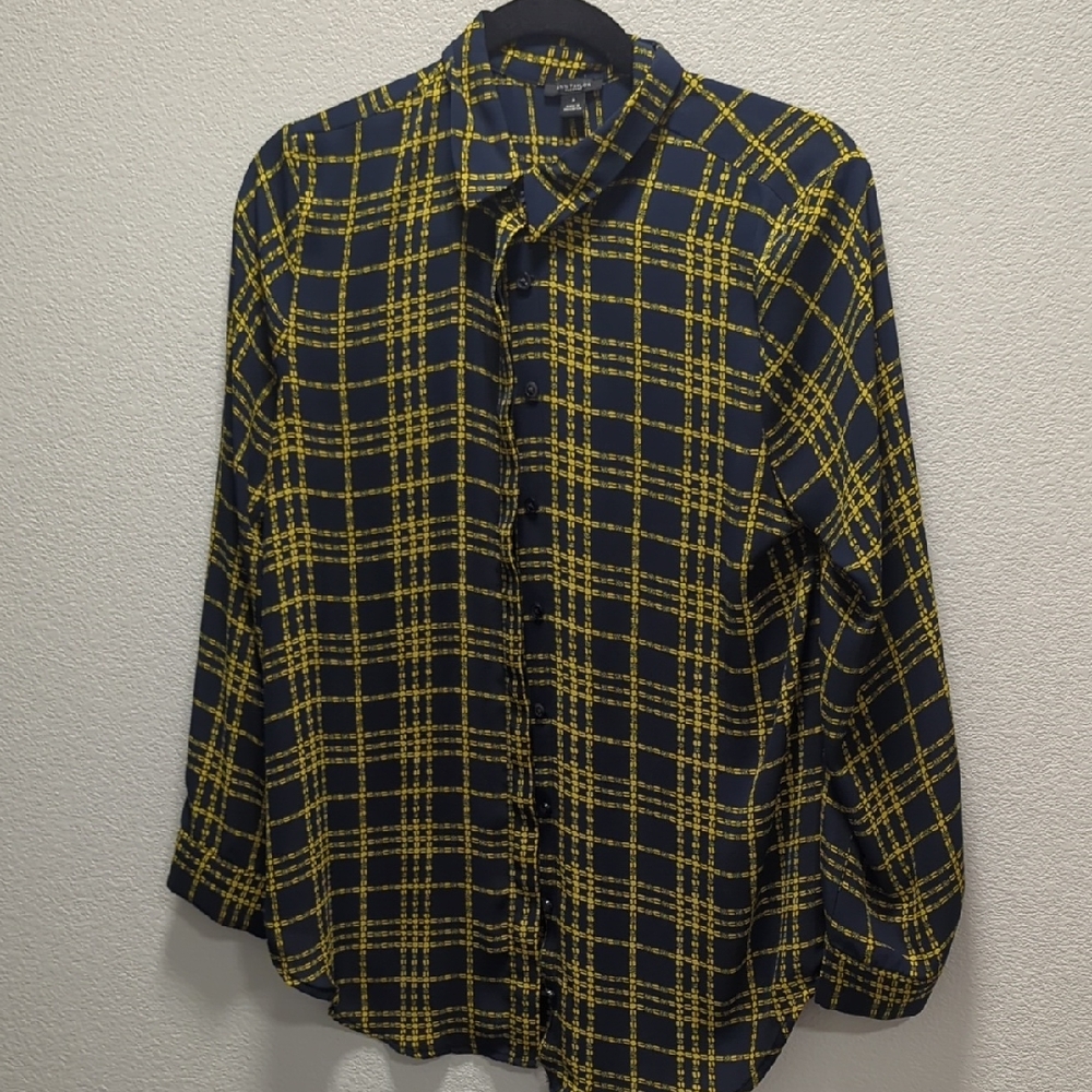 Ann Taylor Men's Navy and Yellow Checkered Shirt